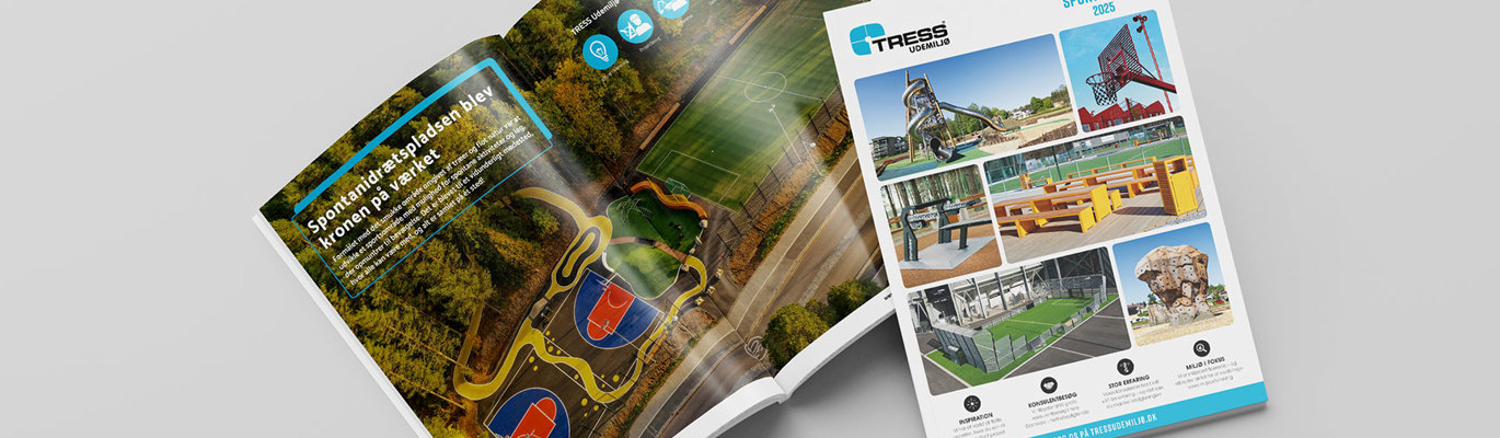 Utemiljökatalogens frontsidan samt ett uppslag med ett referensprojekt